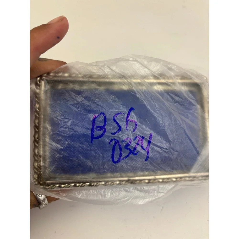 Vintage Blue Slag Glass Jewelry Trinket Box Silver Tone‎ Hinged Lid